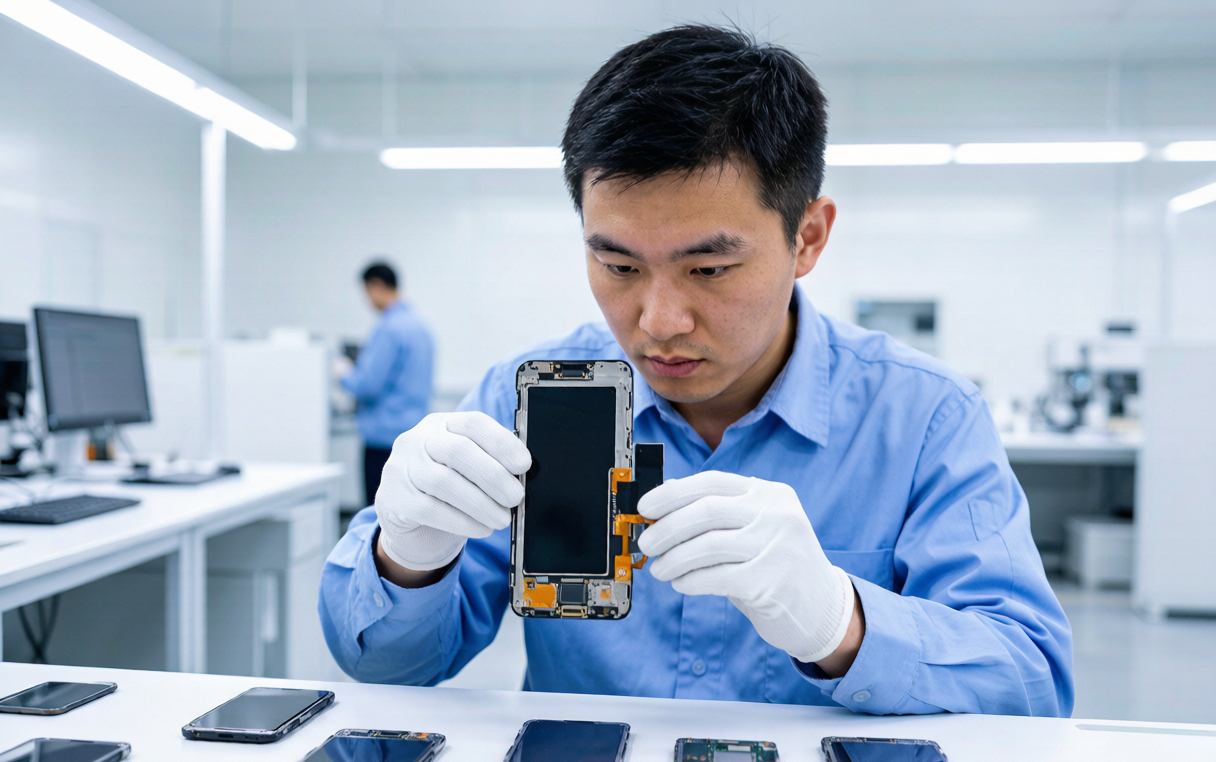 Chinese technician inspecting smartphone display module