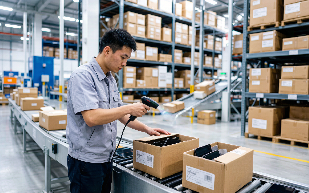 Chinese warehouse worker scanning display screen boxes