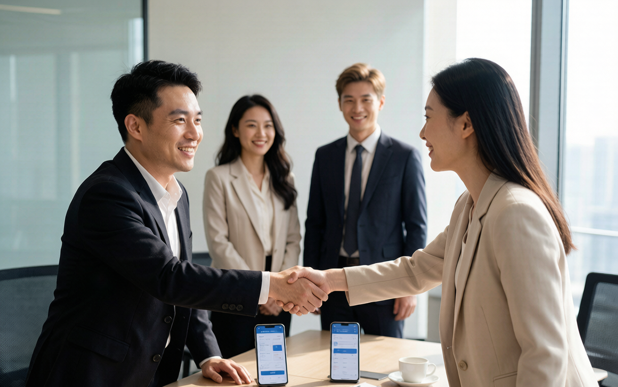 Chinese business partners with diverse faces shaking hands in meeting room